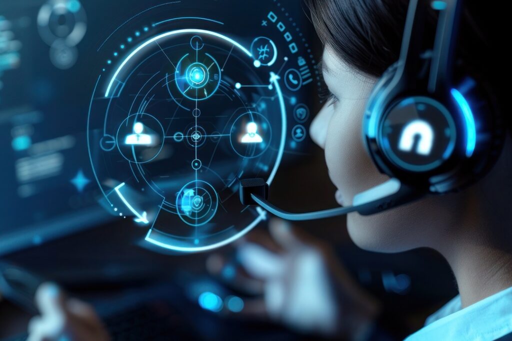 A imagem mostra uma mulher jovem usando um headset com microfone, olhando atentamente para uma tela digital. Diante dela, há uma interface holográfica translúcida com elementos gráficos em azul. Essa interface exibe ícones representando pessoas conectadas em rede, com linhas e círculos interligando os símbolos, simulando um painel de controle futurista de atendimento ao cliente. O ambiente é escuro, com iluminação fria e detalhes tecnológicos, transmitindo uma atmosfera de alta tecnologia e inovação em atendimento remoto.